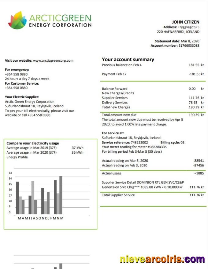 Iceland Arctic Green Energy Corporation electricity utility bill